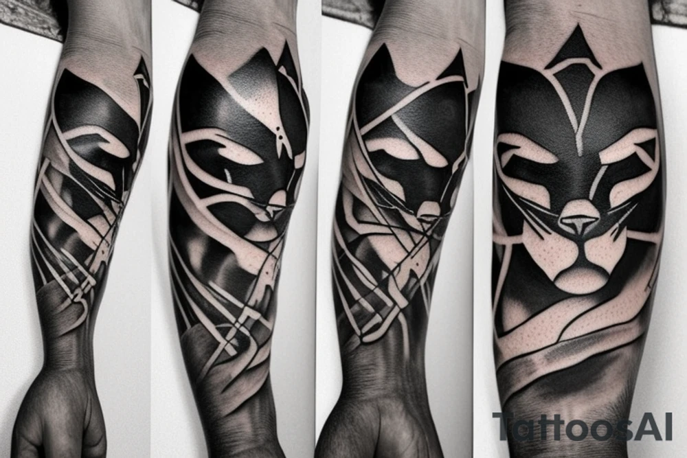 ONE little black panther, designed realistic like the animal, sitting and holding a shepherd's crook (from the first centuries with a single hook) in between its legs. tattoo idea