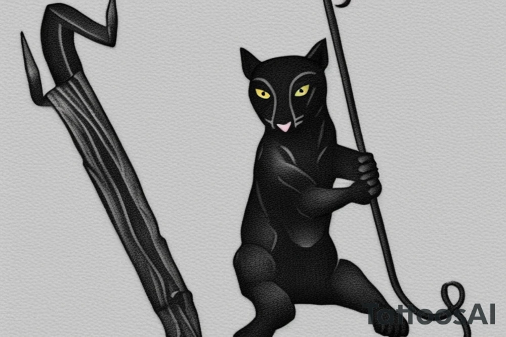 ONE little black panther, designed realistic like the animal, sitting and holding a shepherd's crook (from the first centuries with a single hook) in between its legs. tattoo idea