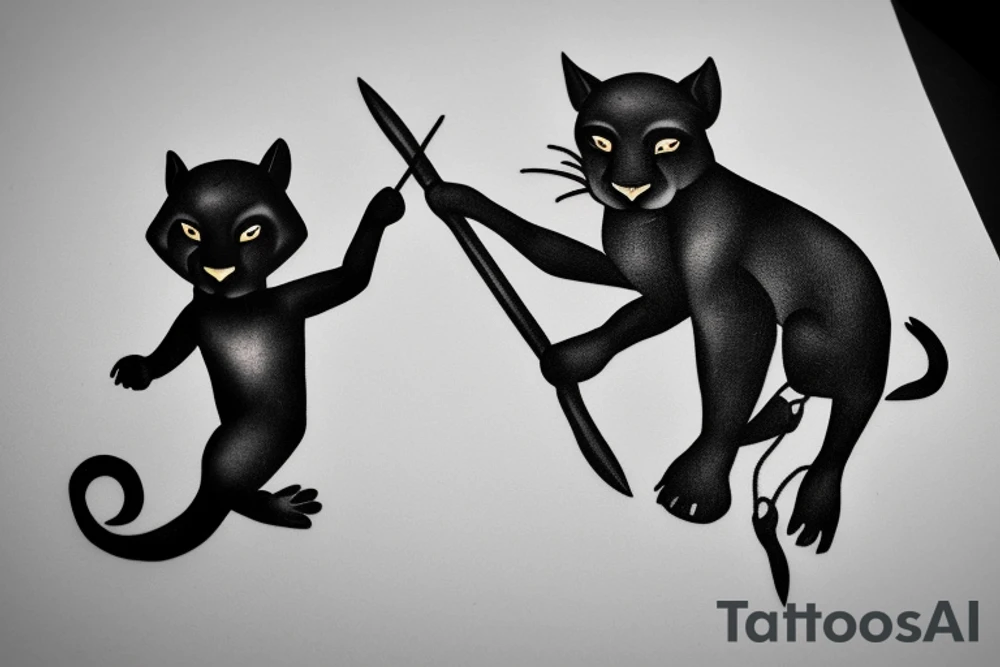 ONE little black panther, designed realistic like the animal, sitting and holding a shepherd's crook (from the first centuries with a single hook) in between its legs. tattoo idea