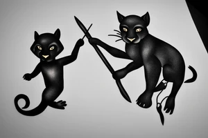 ONE little black panther, designed realistic like the animal, sitting and holding a shepherd's crook (from the first centuries with a single hook) in between its legs. tattoo idea