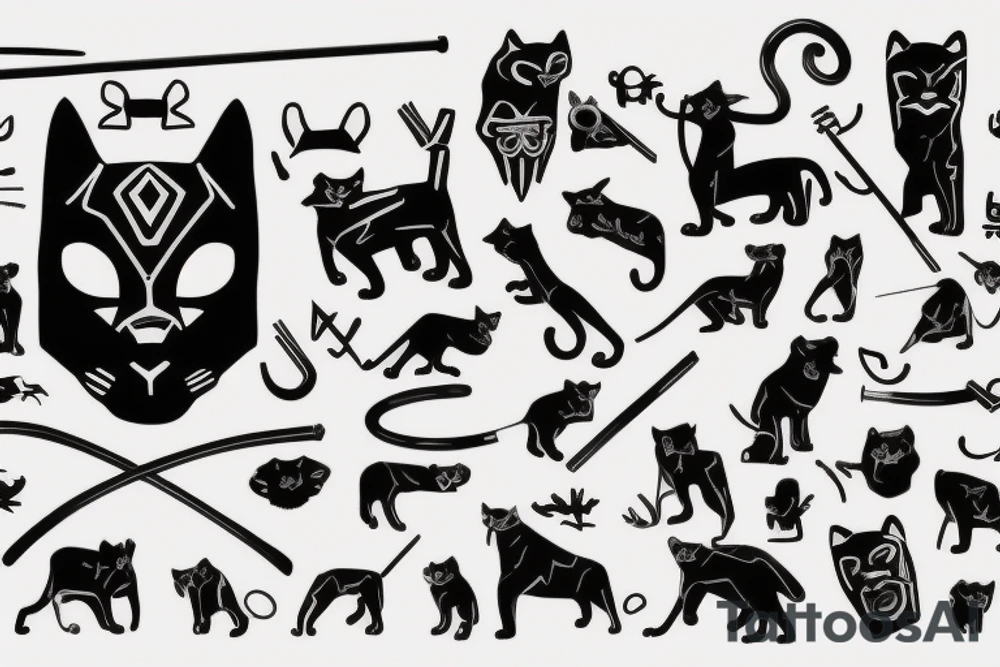 ONE little black panther, designed realistic like the animal, sitting and holding a shepherd's crook (from the first centuries with a single hook) in between its legs. tattoo idea