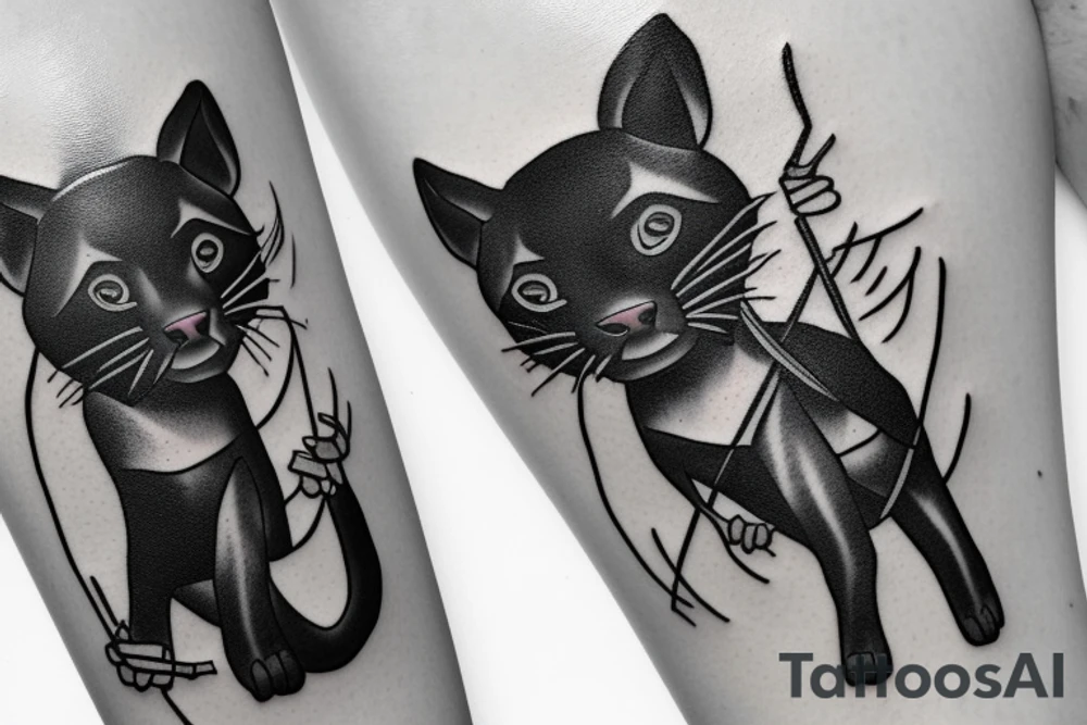 ONE little black panther, designed realistic like the animal, sitting and holding a shepherd's crook from the first centuries with a single hook in between its legs. tattoo idea