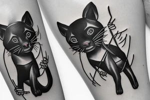 ONE little black panther, designed realistic like the animal, sitting and holding a shepherd's crook from the first centuries with a single hook in between its legs. tattoo idea