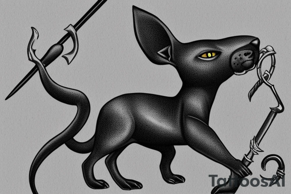ONE little black panther, designed realistic like the animal, sitting and holding a shepherd's crook from the first centuries with a single hook in between its legs. tattoo idea
