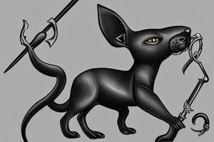 ONE little black panther, designed realistic like the animal, sitting and holding a shepherd's crook from the first centuries with a single hook in between its legs. tattoo idea