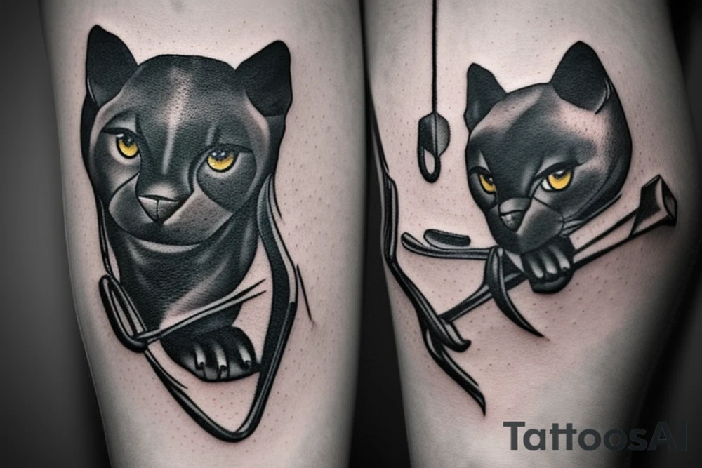 ONE little black panther, designed realistic like the animal, sitting and holding a shepherd's crook from the first centuries with a single hook in between its legs. tattoo idea