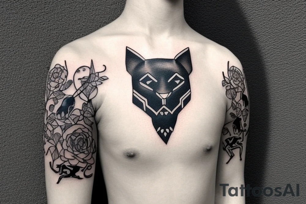 ONE little black panther, designed realistic like the animal, sitting and holding a shepherd's crook from the first centuries with a single hook in between its legs. tattoo idea