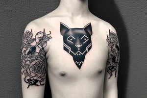 ONE little black panther, designed realistic like the animal, sitting and holding a shepherd's crook from the first centuries with a single hook in between its legs. tattoo idea