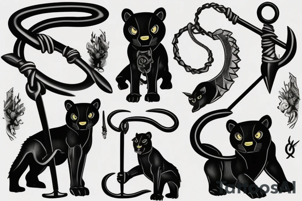 ONE little black panther, designed realistic like the animal, sitting and holding a shepherd's crook from the first centuries with a single hook in between its legs. tattoo idea