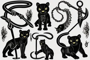 ONE little black panther, designed realistic like the animal, sitting and holding a shepherd's crook from the first centuries with a single hook in between its legs. tattoo idea
