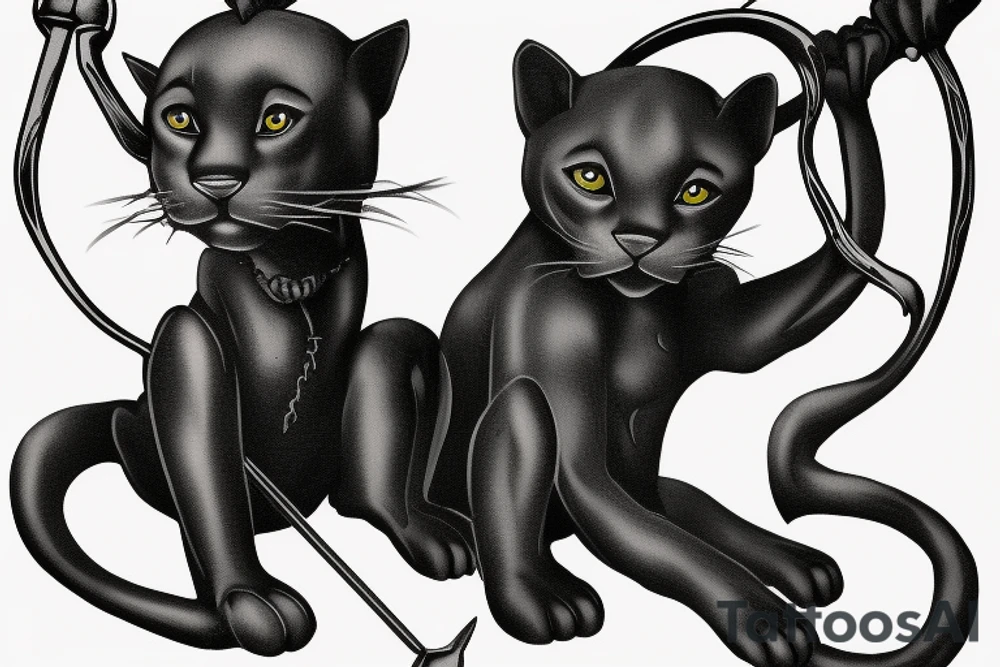 ONE little black panther, designed realistic like the animal, sitting and holding a shepherd's crook from the first centuries with a single hook in between its legs. tattoo idea