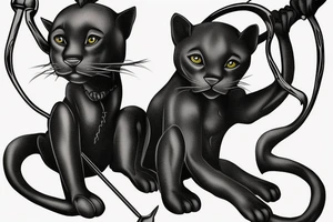 ONE little black panther, designed realistic like the animal, sitting and holding a shepherd's crook from the first centuries with a single hook in between its legs. tattoo idea