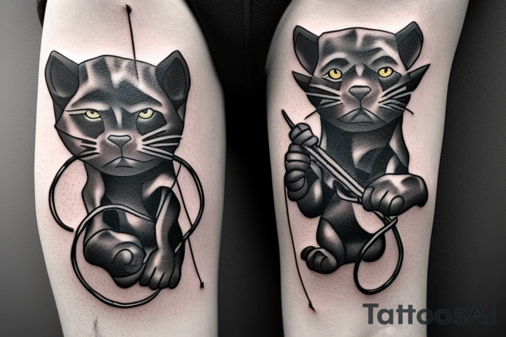 ONE little black panther, designed realistic like the animal, sitting and holding a shepherd's crook from the first centuries with a single hook in between its legs. tattoo idea