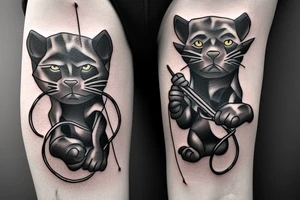 ONE little black panther, designed realistic like the animal, sitting and holding a shepherd's crook from the first centuries with a single hook in between its legs. tattoo idea