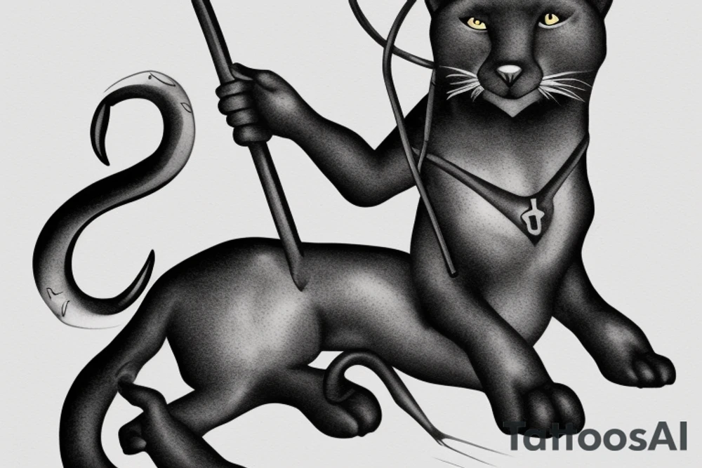ONE little black panther, designed realistic like the animal, sitting and holding a shepherd's crook from the first centuries with a single hook in between its legs. tattoo idea