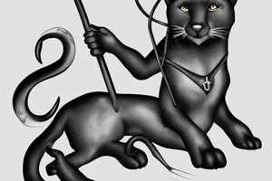 ONE little black panther, designed realistic like the animal, sitting and holding a shepherd's crook from the first centuries with a single hook in between its legs. tattoo idea