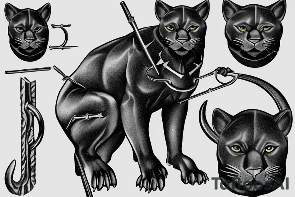 ONE little black panther, designed realistic like the animal, sitting and holding a shepherd's crook from the first centuries with a single hook in between its legs. tattoo idea