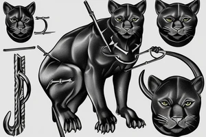 ONE little black panther, designed realistic like the animal, sitting and holding a shepherd's crook from the first centuries with a single hook in between its legs. tattoo idea