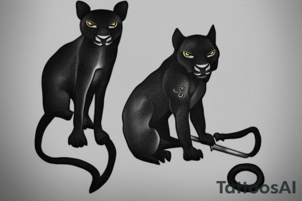 ONE little black panther, designed realistic like the animal, sitting and holding a shepherd's crook from the first centuries with a single hook in between its legs. tattoo idea