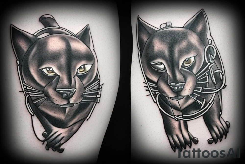 ONE little black panther, designed realistic like the animal, sitting and holding a shepherd's crook from the first centuries with a single hook that is being hold by her paws tattoo idea
