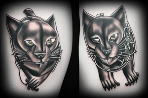 ONE little black panther, designed realistic like the animal, sitting and holding a shepherd's crook from the first centuries with a single hook that is being hold by her paws tattoo idea