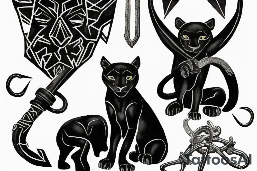 ONE little black panther, designed realistic like the animal, sitting and holding a shepherd's crook from the first centuries with a single hook that is being hold by her paws tattoo idea