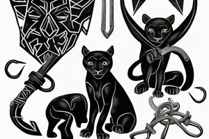 ONE little black panther, designed realistic like the animal, sitting and holding a shepherd's crook from the first centuries with a single hook that is being hold by her paws tattoo idea