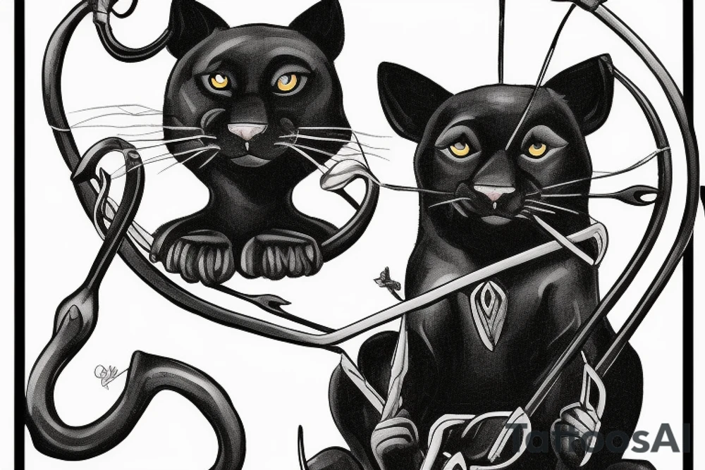 ONE little black panther, designed realistic like the animal, sitting and holding a shepherd's crook from the first centuries with a single hook that is being hold by her paws tattoo idea