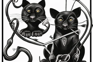 ONE little black panther, designed realistic like the animal, sitting and holding a shepherd's crook from the first centuries with a single hook that is being hold by her paws tattoo idea