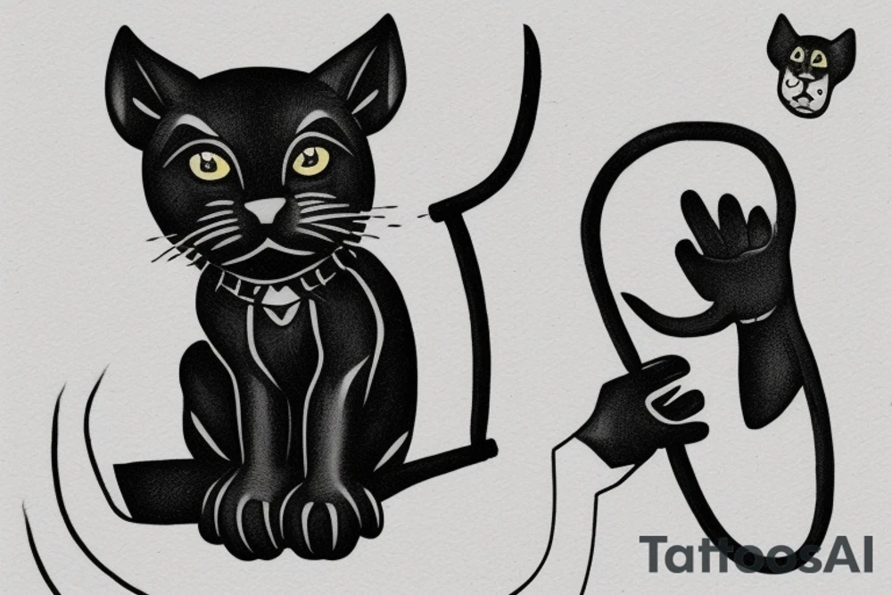 ONE little black panther, designed realistic like the animal, sitting and holding a shepherd's crook from the first centuries with a single hook that is being hold by her paws tattoo idea