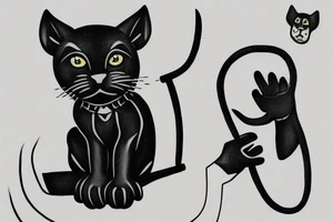 ONE little black panther, designed realistic like the animal, sitting and holding a shepherd's crook from the first centuries with a single hook that is being hold by her paws tattoo idea