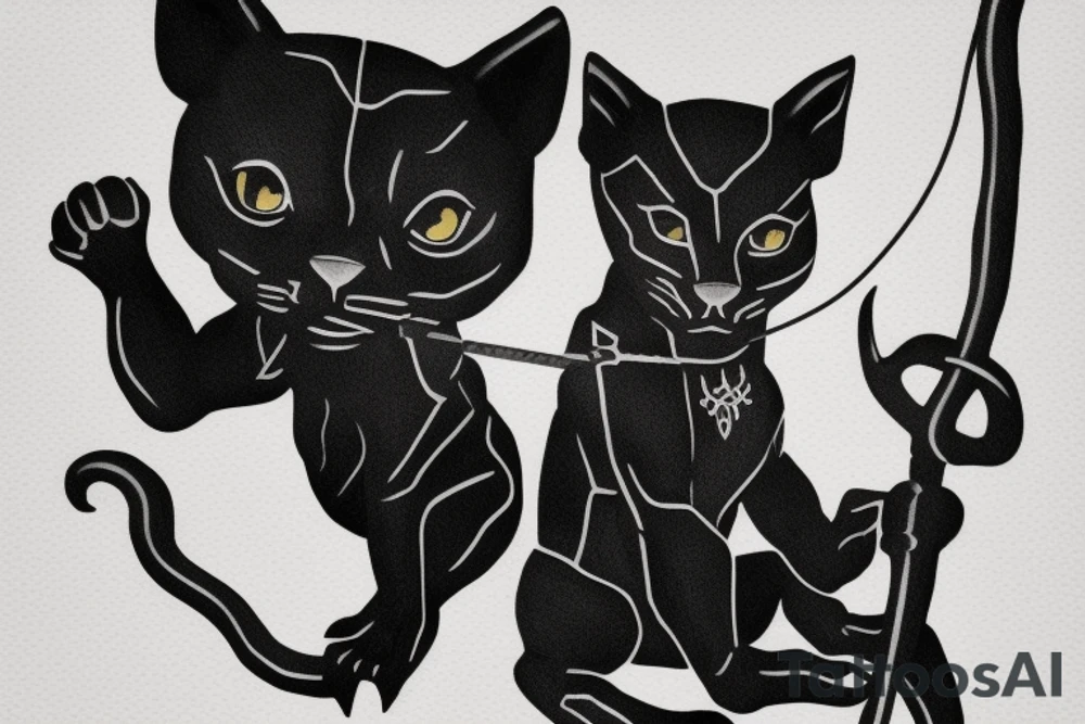 ONE little black panther, designed realistic like the animal, sitting and holding a shepherd's crook from the first centuries with a single hook that is being hold by her left pawn. tattoo idea