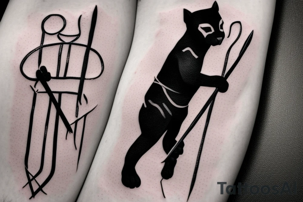 ONE little black panther, designed realistic like the animal, sitting and holding a shepherd's crook from the first centuries with a single hook that is being hold by her left pawn. tattoo idea
