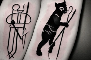 ONE little black panther, designed realistic like the animal, sitting and holding a shepherd's crook from the first centuries with a single hook that is being hold by her left pawn. tattoo idea