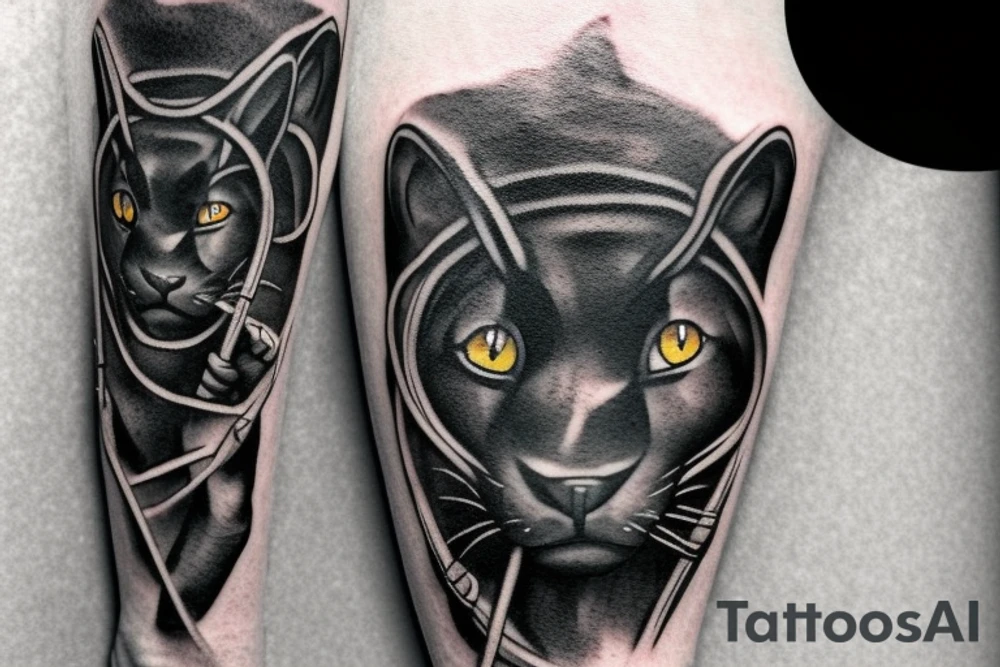 ONE little black panther, designed realistic like the animal, sitting and holding a shepherd's crook from the first centuries with a single hook that is being hold by her left pawn. tattoo idea