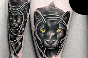 ONE little black panther, designed realistic like the animal, sitting and holding a shepherd's crook from the first centuries with a single hook that is being hold by her left pawn. tattoo idea