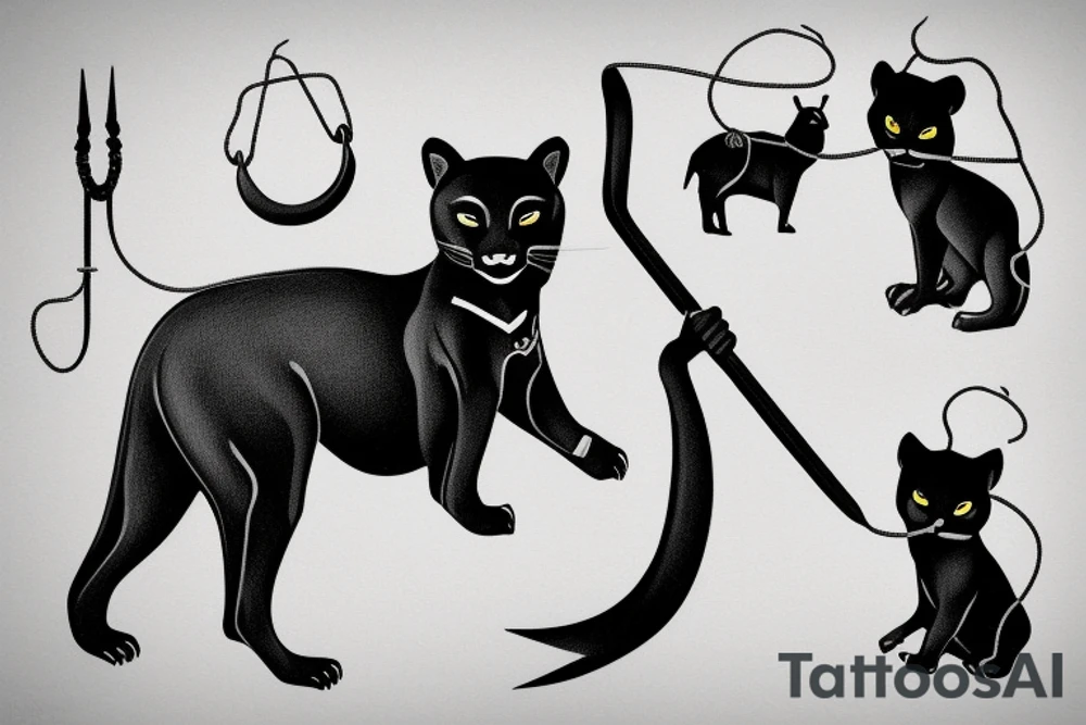ONE little black panther, designed realistic like the animal, sitting and holding a shepherd's crook from the first centuries with a single hook that is being hold by her left pawn. tattoo idea