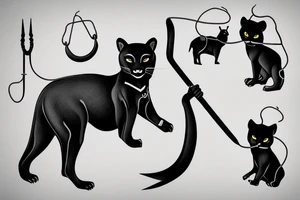 ONE little black panther, designed realistic like the animal, sitting and holding a shepherd's crook from the first centuries with a single hook that is being hold by her left pawn. tattoo idea