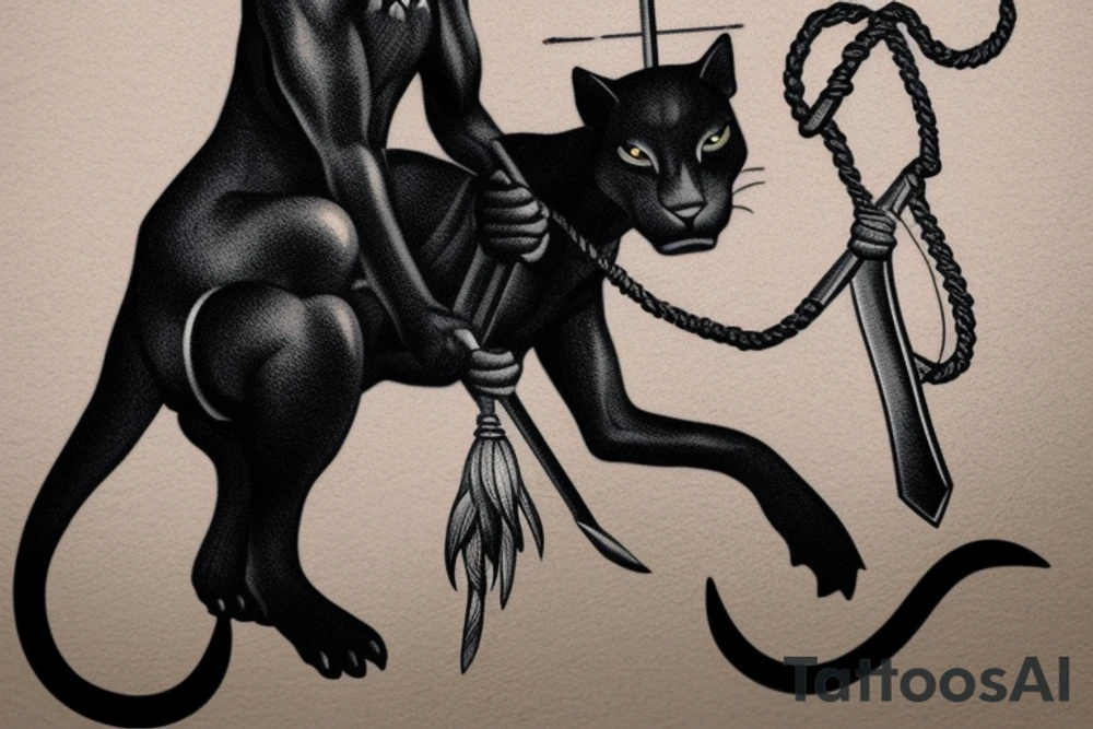 ONE little black panther, designed realistic like the animal, sitting and holding a shepherd's crook from the first centuries with a single hook that is being hold by her left pawn. tattoo idea