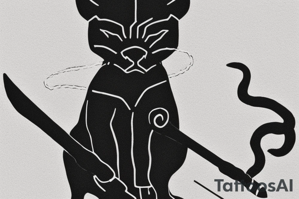 ONE little black panther, designed realistic like the animal, sitting and holding a shepherd's crook from the first centuries with a single hook that is being hold by her left pawn. tattoo idea
