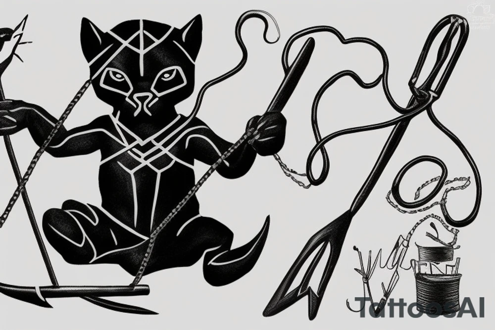 ONE little black panther, designed realistic like the animal, sitting and holding a shepherd's crook from the first centuries with a single hook that is being hold by her left pawn. tattoo idea