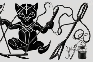 ONE little black panther, designed realistic like the animal, sitting and holding a shepherd's crook from the first centuries with a single hook that is being hold by her left pawn. tattoo idea