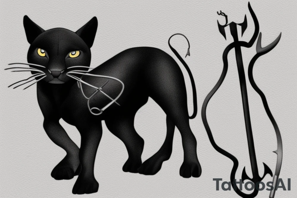 ONE little black panther, designed realistic like the animal, sitting and holding a shepherd's crook from the first centuries with a single hook that is being hold by her left pawn. tattoo idea