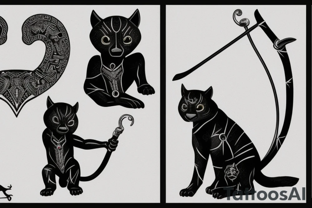 ONE little black panther, designed realistic like the animal, sitting and holding a shepherd's crook from the first centuries with a single hook that is being hold by her left pawn. tattoo idea