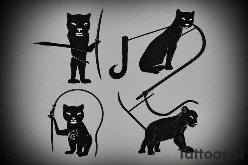 ONE little black panther, designed realistic like the animal, sitting and holding a shepherd's crook from the first centuries with a single hook that is being hold by her left pawn. tattoo idea