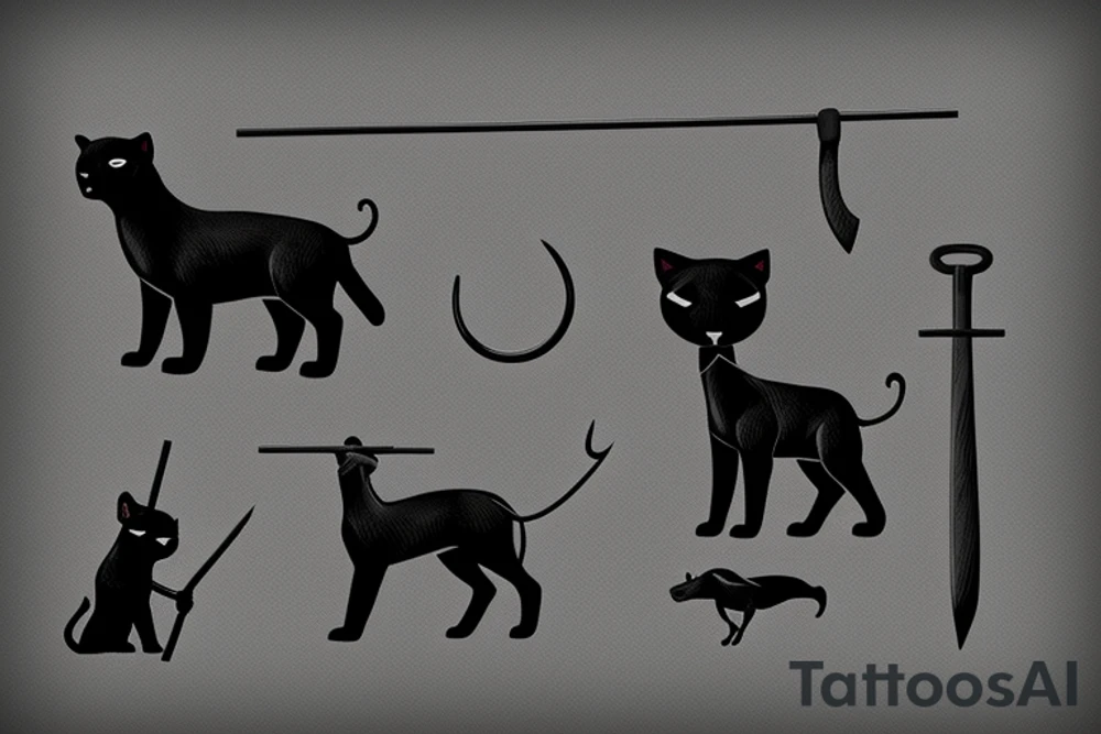 ONE little black panther, designed realistic like the animal, sitting and holding a shepherd's crook from the first centuries with a single hook that is being hold by her left pawn. tattoo idea