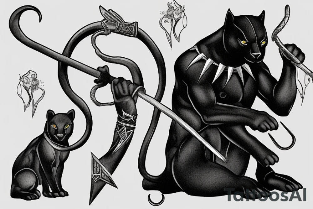 ONE little black panther, designed realistic like the animal, sitting and holding a shepherd's crook from the first centuries with a single hook that is being hold by her left pawn. tattoo idea