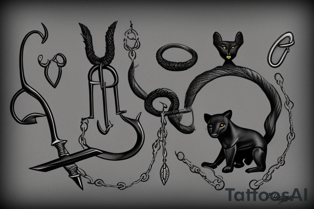 ONE little black panther, designed realistic like the animal, sitting and holding a shepherd's crook from the first centuries with a single hook that is being hold by her left pawn. tattoo idea