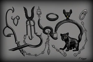 ONE little black panther, designed realistic like the animal, sitting and holding a shepherd's crook from the first centuries with a single hook that is being hold by her left pawn. tattoo idea