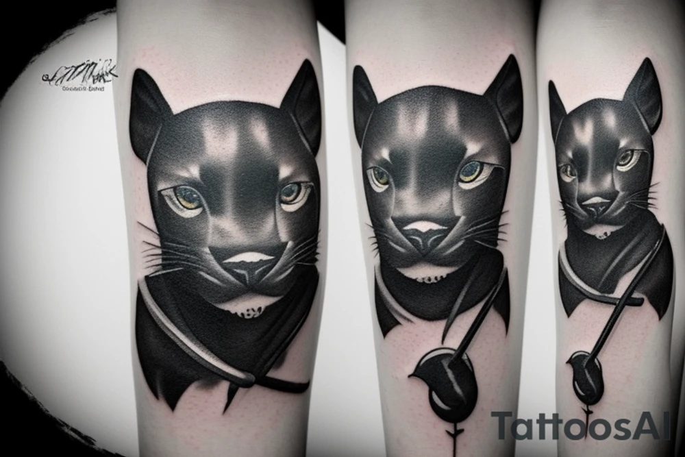 ONE little black panther, designed realistic like the animal, sitting and holding a shepherd's crook from the first centuries with a single hook that is being hold by her left pawn. tattoo idea